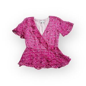 Tanya Taylor Bianka Top Women's 2 Pink  Floral Ikat Mosaic Silk Blend Ruffle